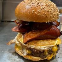 Heart Attack Burger · cheddar cheese ,one fried egg chorizo bacon n fried onions