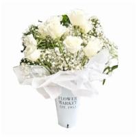 Flower Market Dozen · 20”Ht with Roses and Babies Breath in a White Flower market tin.