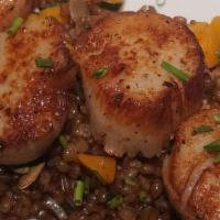 Pan Seared Sea Scallops · Moroccan Spiced Lentils, Diced Red Pepper & White Wine Butter Sauce
