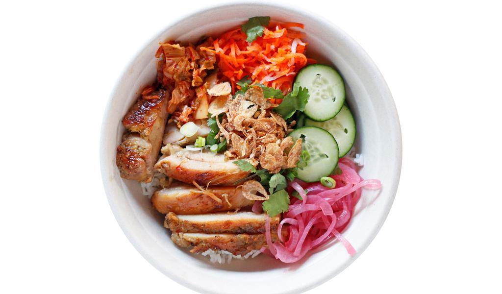 #2B Lemongrass Chicken Bowl · 24hr marinated dark meat in lemongrass. - bowls come with pork house sauce, kimchi, pickled red onions, fresh cucumber, pickled daikon & carrots, fresh cilantro, and fried shallots
Please notify a staff if you have dietary restrictions or allergies.