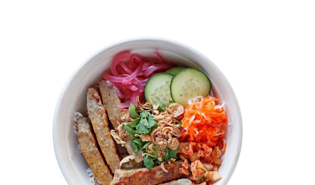 #3B Bbq Pork Bowl · sliced Vietnamese nem nuong pork patties. - bowls come with pork house sauce, kimchi, pickled red onions, fresh cucumber, pickled daikon & carrots, fresh cilantro, and fried shallots
Please notify a staff if you have dietary restrictions or allergies.