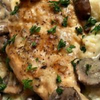 Chicken Marsala · Pan Seared Chicken, Shiitake, Marsala Wine Sauce over Creamed Spinach or Kale and Mashed Pot...