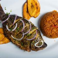 Douala Grilled Fish (Small) · Seasoned grilled Tilapia Cameroonian style. Served with choice of white, coconut, jollof ric...