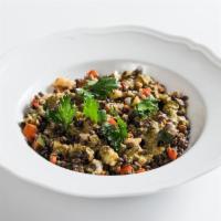 Piatto Di Lenticchie* · beluga lentil salad, ratatouille, basil dressing.  *Consuming raw or under-cooked meats, pou...
