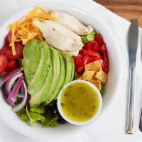 Santa Fe Salad · Crispy romaine, antibiotic free grilled chicken, cheddar cheese, red onion, tomato, red pepp...