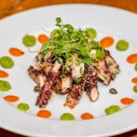 Octapodi · Gluten free. Grilled Portuguese jumbo octopus, capers, parsley, red wine vinegar, olive oil.