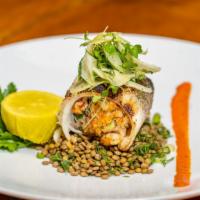 Bronzino · Gluten free. Stuffed with shrimp, tomato, dill, lentils, beets.