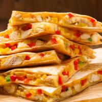 Grilled Chicken Quesadilla · Large, soft, flour tortilla loaded with tender grilled chicken, pico de gallo, mixed cheddar...