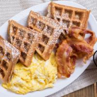 Waffle Platter · Belgian waffle. Comes with powder sugar on top, syrup and butter on the side.  Your choice o...