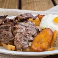 Bistec A Lo Pobre (Peruvian Steak Platter) · Sirloin Steak, one egg over easy, french fries, sweet plantain and rice.
