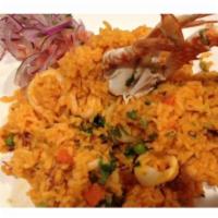 Chaufa De Mariscos · Seafood fried rice made at Peruvian style.