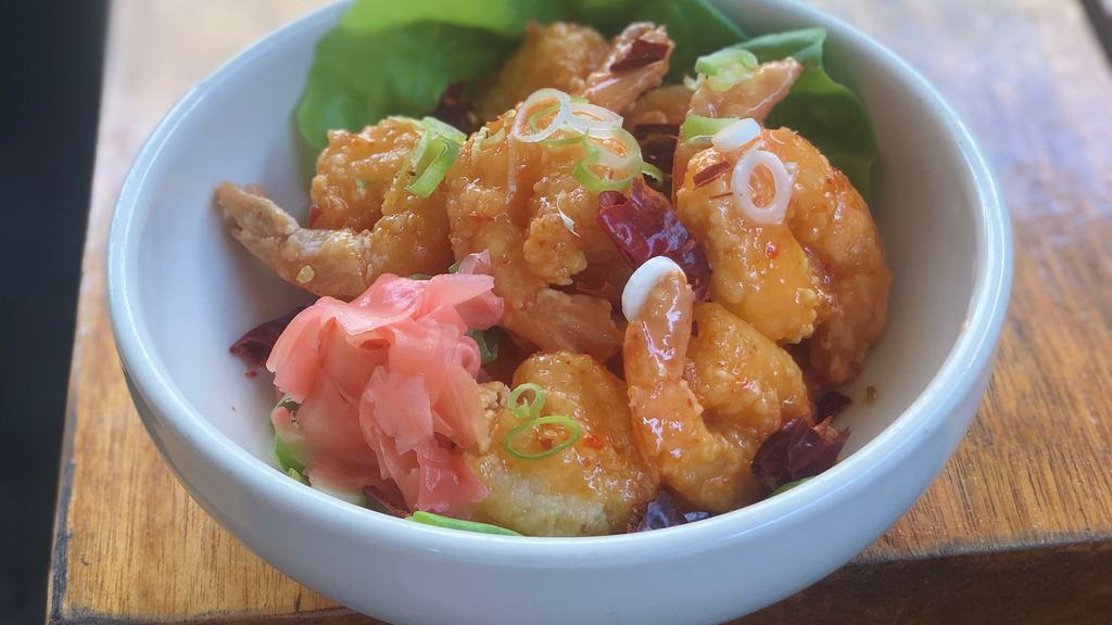 Bang Bang Shrimp · Tempura shrimp flash fried, chili aioli, scallion, sesame, and pickled ginger.