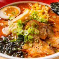 #4Ss Niku Miso Ramen (Spicy Option) · Thinly sliced chashu (2 pieces of pork belly), with bamboo shoots, corn, seaweeds, half soft...