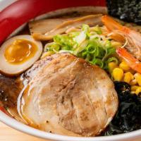 #3 Party Ramen · Thinly sliced chashu (1 pieces of pork belly) and 1 shrimp, with bamboo shoots, corn, seawee...