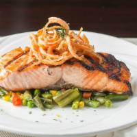 Grill Salmon · Served with rice and peas or white rice and steamed vegetable or salad.