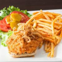 Salmon Burger · Served with rice and peas or white rice and steamed vegetable or salad.