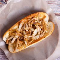 Chicken Philly Steak · Chicken Philly cheesesteak made with strips of chicken, bell peppers and onions with melted ...
