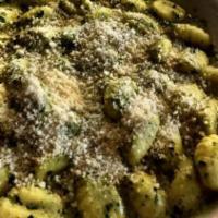 Gnocchi Con Pesto · Fresh gnocchi with basil, garlic and pignoli