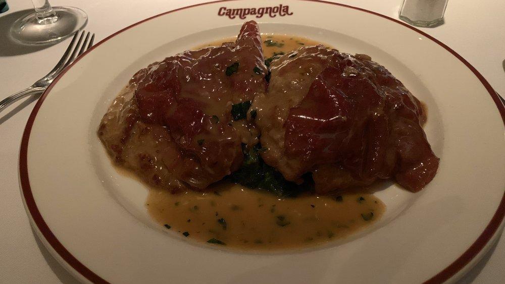 Saltimbocca · Topped with prosciutto on spinach with white wine and lemon