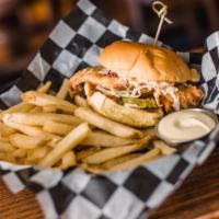 Fried Chicken Sandwich · Hose made coleslaw, pickles, and jalapeño mayo side. Served with fries.