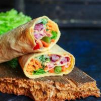 Veggie Wrap Sandwich · Delicious Wrap made with Mozzarella cheese, avocado, cucumbers, basil, sprouts, carrots, and...