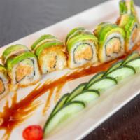 Dragon Roll · Spicy salmon, cucumber topped with avocado, masago, sweet sauce and spicy mayo.