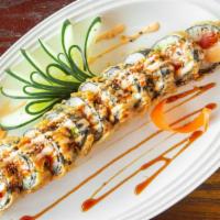Godzilla Roll · Tuna, salmon, kani and avocado topped with sweet sauce, spicy mayo and masago.