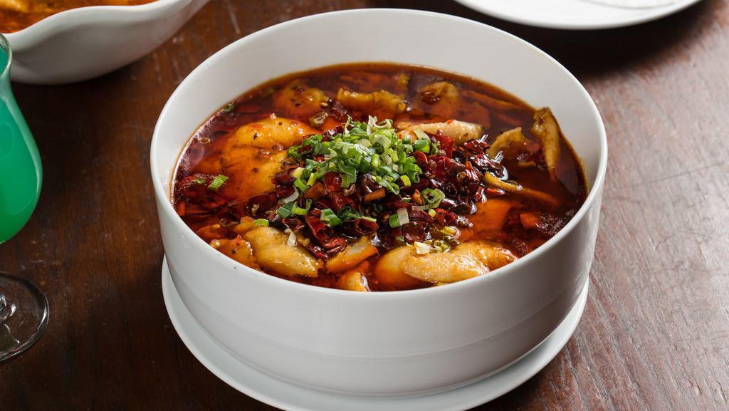 Boiled Fish Fillet In Red Broth 江北水煮魚片 · Hot and spicy level 3.