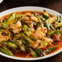 Prawns With Yibin Spiced Chili Asparagus & Minced Pork 成都大蝦  · Hot and spicy.