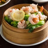 Steamed Prawns With Mixed Vegetables · Choose one- broccoli, string bean, snow peas, eggplant.