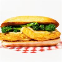 The Sicily Sub · Crispy breaded chicken cutlet topped with broccoli rabe and provolone cheese on a hoagie roll.
