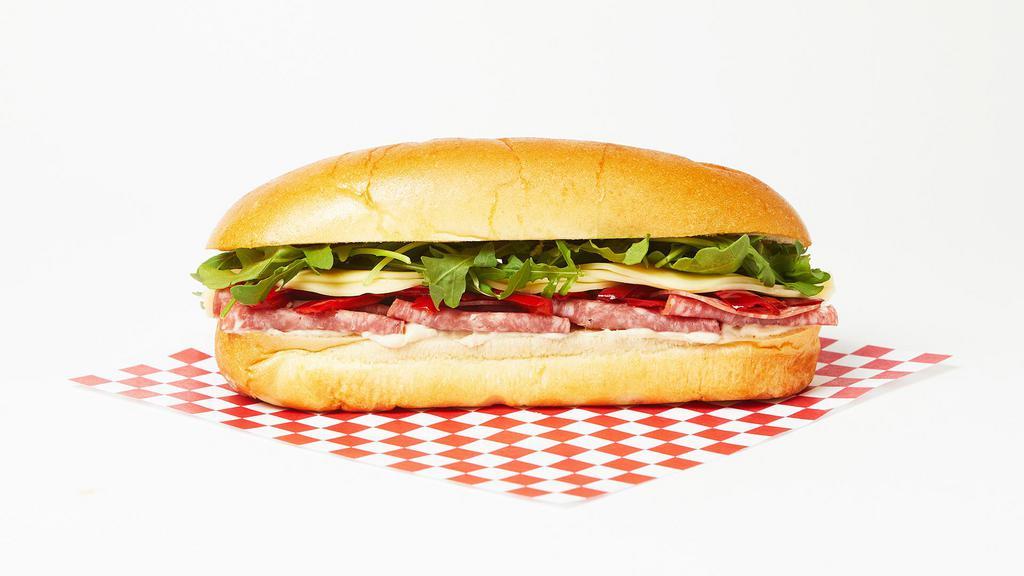 The Salami Sub · Italian salami, provolone cheese, lettuce, and roasted red peppers on a hoagie roll.