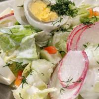 Prima Vara Salad · Red radish with lettuce, egg, cucumber, scallion, dill and sour cream.