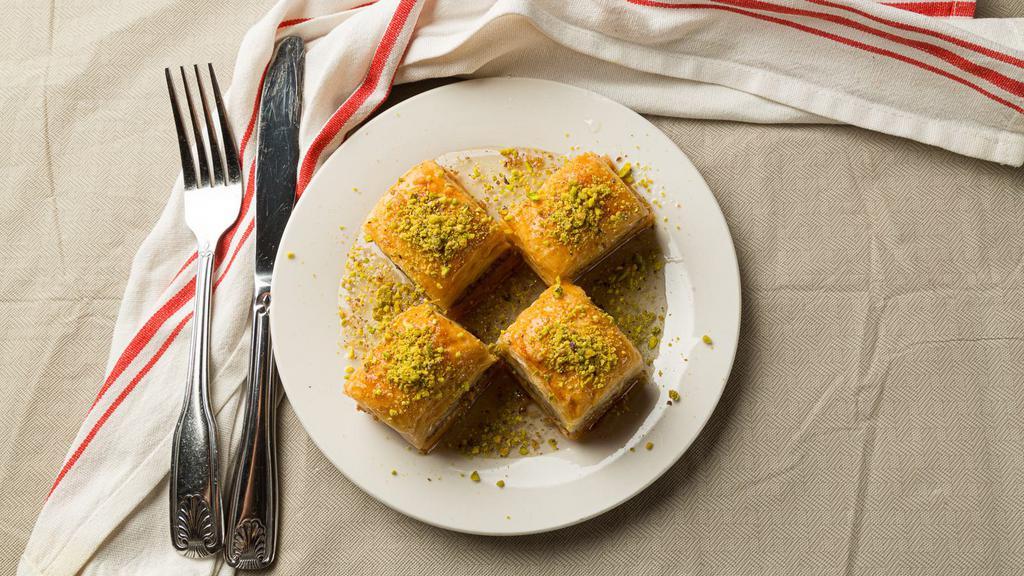 Baklava · multi layered flaky pastry with walnuts, pistachios.