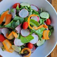 House Salad · Grape tomato, cucumber, carrot, radish, mixed greens, and house balsmic vinaigrette. Vegetar...