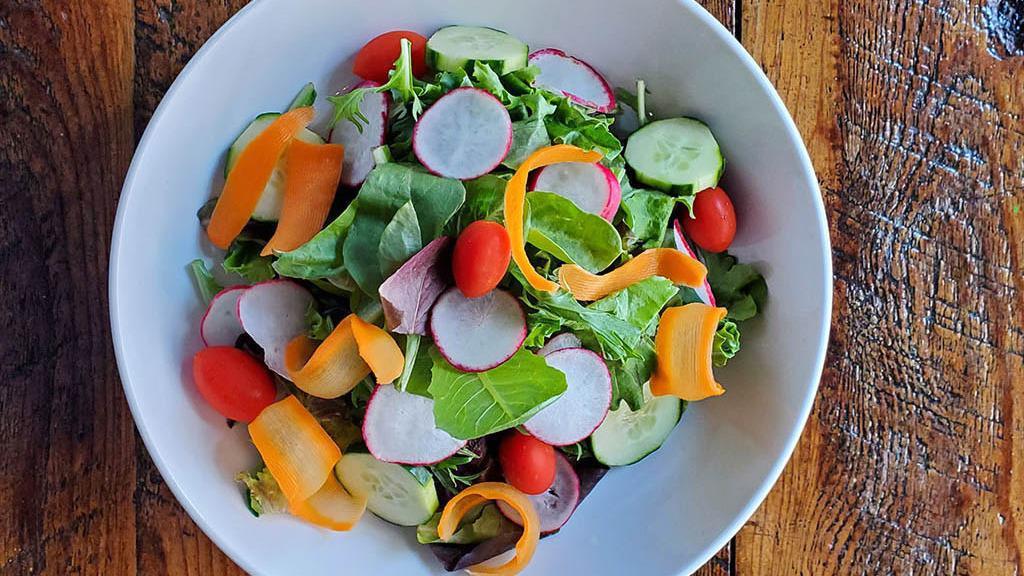 House Salad · Grape tomato, cucumber, carrot, radish, mixed greens, and house balsmic vinaigrette. Vegetarian.