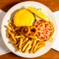 Cheeseburger · Comes on a toasted bun. Served with a pickle and coleslaw.