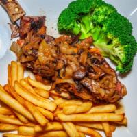 Open Sliced Chateau Steak · topped with mushrooms, sautéed onions,
Worcestershire butter sauce, side french fries & vege...
