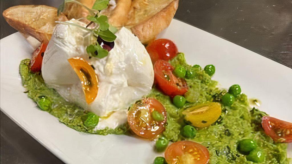 Burrata & Sweet Spring Peas · A 'swoosh' of sweet spring peas and basil puree, a large 4 oz ball of creamy burrata, heirloom cherry tomatoes, garnished with fresh spring please, microgreens and served with toasted baguettes