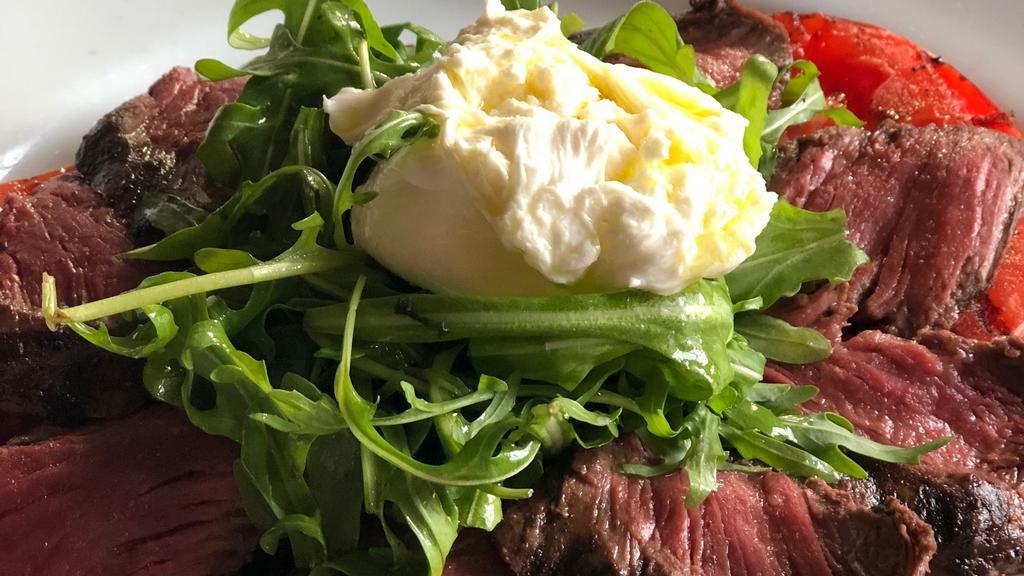Hanger Steak · Grilled Hanger Steak, beefsteak tomatoes, burrata, baby arugula, drizzle of evoo.  This steak is only served Medium, Medium Rare or Rare.  It cannot be ordered Medium Well or Well Done.