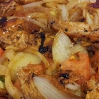 Chicken Souvlaki · Sautéed onions, tomatoes, tzatziki, eta cheese, and pita bread over rice. Served with soup o...