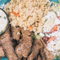 Beef-Lamb Gyro Platter · Rotisserie  Beef and Lamb Gyro Slices Served with Rice or Fries or Lemon Potatoes,Side of Gr...