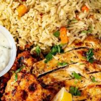 Grilled Chicken Breast Platter · Grilled Chicken Breast Served with Rice or Fries or Lemon Potatoes,Side of Greek Salad, Toas...