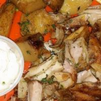 Chicken Gyro Platter · Rotisserie  Chicken Gyro Slices Served with Rice or Fries or Lemon Potatoes,Side of Greek Sa...