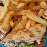 Pork Gyro Club · Pork Gyro,Lettuce,Tomato,Red Onions,Melted Cheese ,Spicy Feta .. Served with Fries