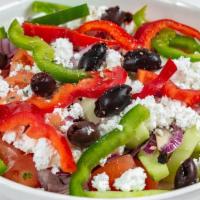 Village Salad · Tomato,Cucumber,Onions,Peppers,Feta, Olives and Olive Oil Dressing.