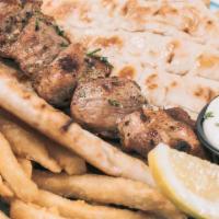 Souviaki Stick -Kids · Chicken Or Pork Souvlaki Pita Bread, Fries, Apple Juice.