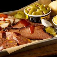 3 Meat Plate · Choose your favorite combination of three slow-smoked meats served with two sides and a roll.