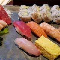 Sushi & Sashimi Combo · Five pieces of sushi, ten pieces of sashimi and spicy crunchy rolls