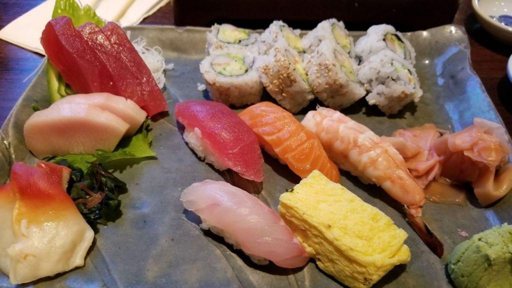 Sushi & Sashimi Combo · Five pieces of sushi, ten pieces of sashimi and spicy crunchy rolls